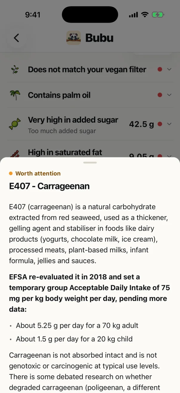Bubu additive detail for E407 carrageenan with EFSA acceptable daily intake