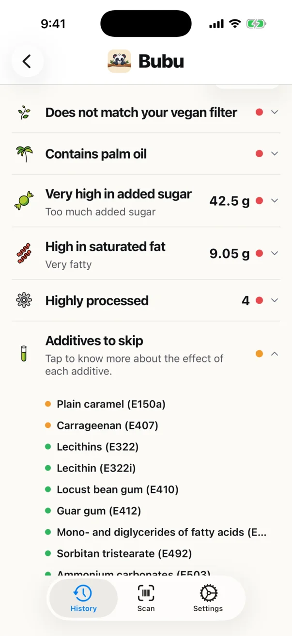 Bubu result screen showing NOVA processing group, a 34-ingredient list and the additives it contains