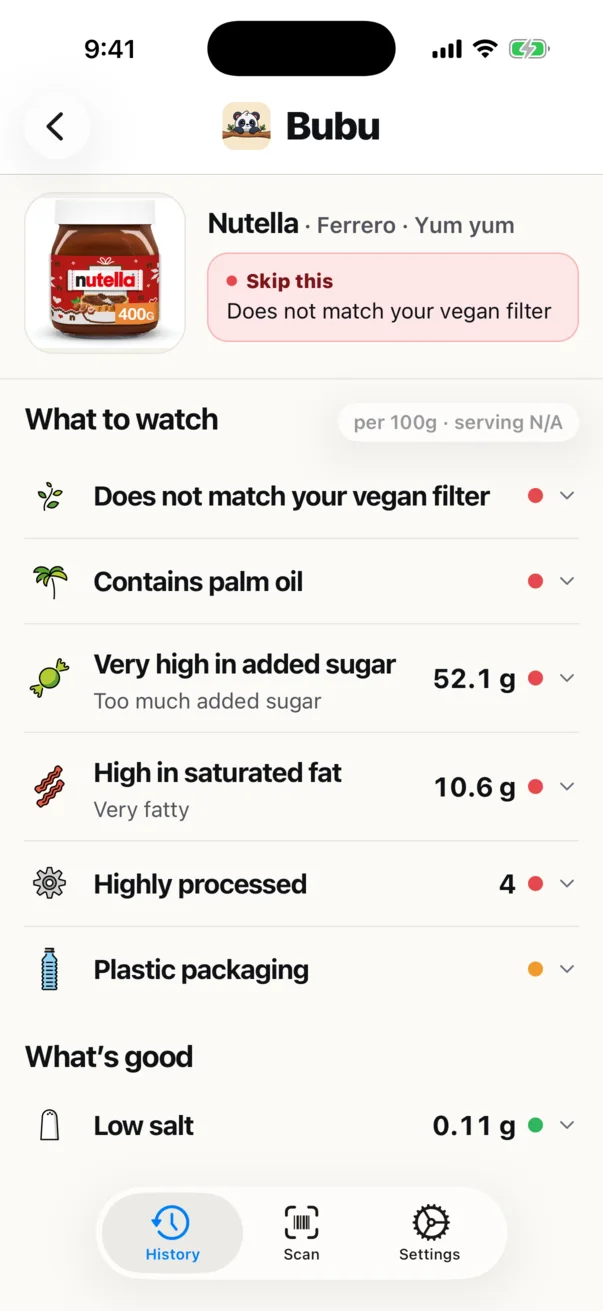 Bubu result for Nutella: Skip this, does not match your vegan filter