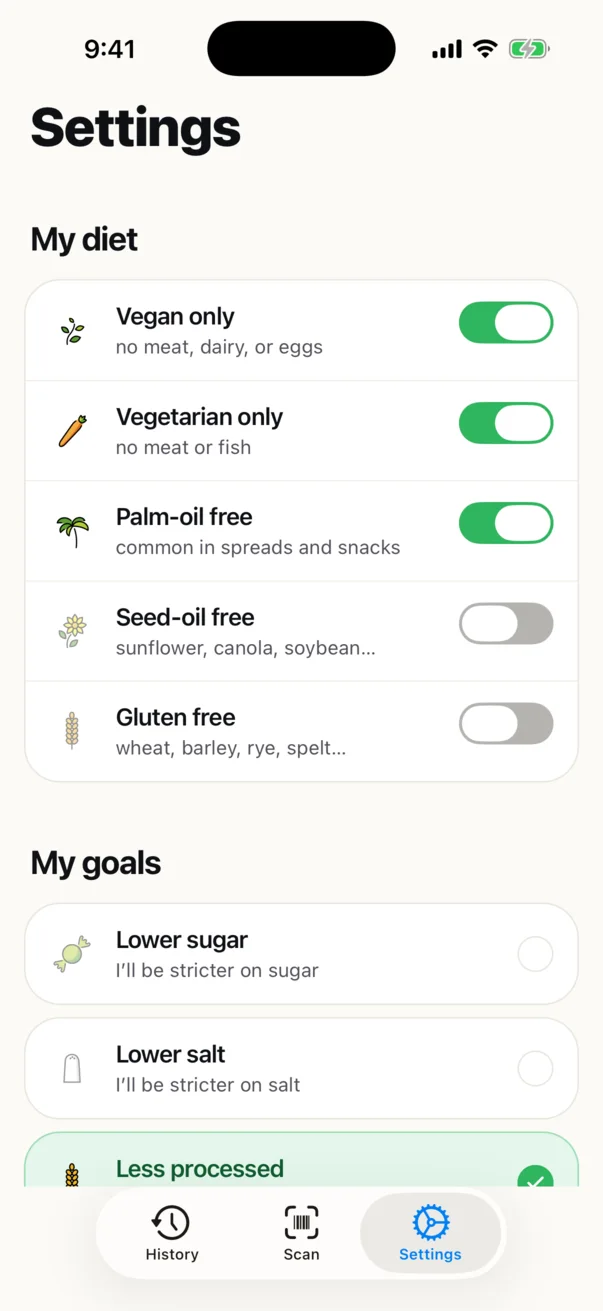 Bubu settings: diet filters for vegan, vegetarian, palm oil, seed oil and gluten, plus sugar, salt and processing goals